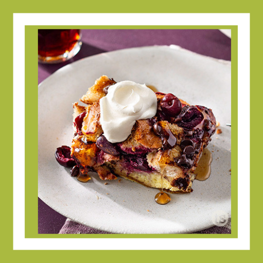 Cherry Chocolate French Toast Bake with cherries and chocolate chips made with Tastefully Simple Cherry Soda Dip Mix
