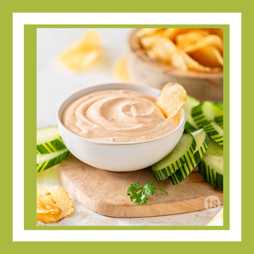 Creamy Hot Honey Dip made with Tastefully Simple Hot Honey Seasoning served with French fries