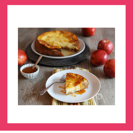 Caramel Apple Cheesecake made with Tastefully Simple Nana’s Apple Cake Mix, cinnamon-spiced apples and caramel