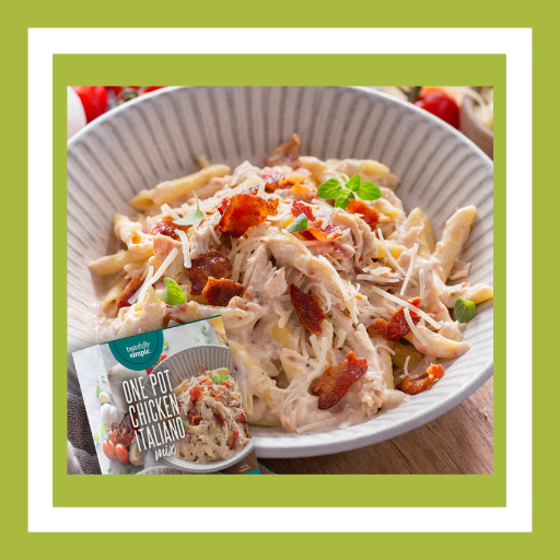 Tastefully Simple ONE Pot Chicken Italiano Mix for an easy, creamy Italian chicken pasta with Parmesan and bacon