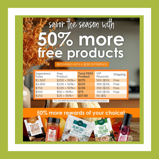 Tastefully Simple September 2026 Host Special offering 50% more free products with Experience sales of $250 or more, plus VIP Rewards and free shipping at qualifying levels.