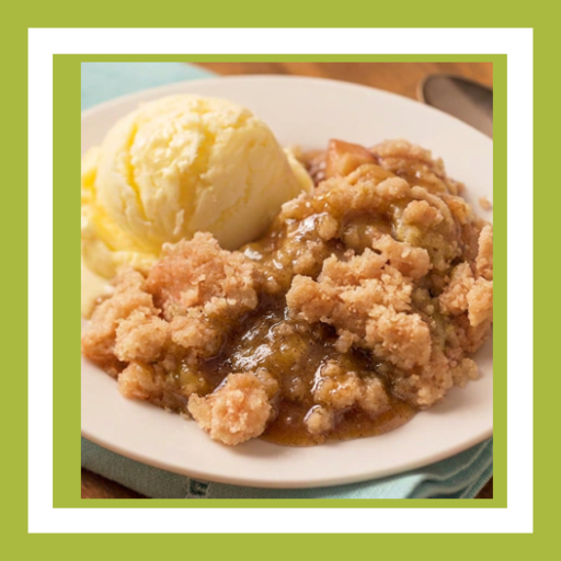 Warm Nana’s Apple Cobbler made with Tastefully Simple Nana’s Apple Cake and apple pie filling, served with a scoop of vanilla ice cream.