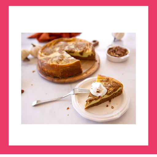 Pumpkin Swirl Cheesecake made with Tastefully Simple Pumpkin Bread with Maple Glaze, topped with whipped cream and pecans.